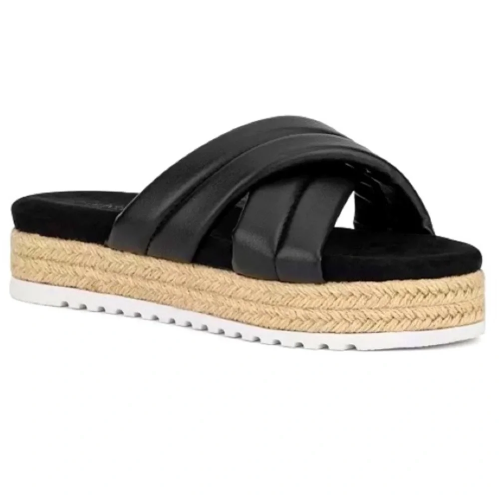Olivia Miller Women's Black Faux Leather River Platform Slides Sandals